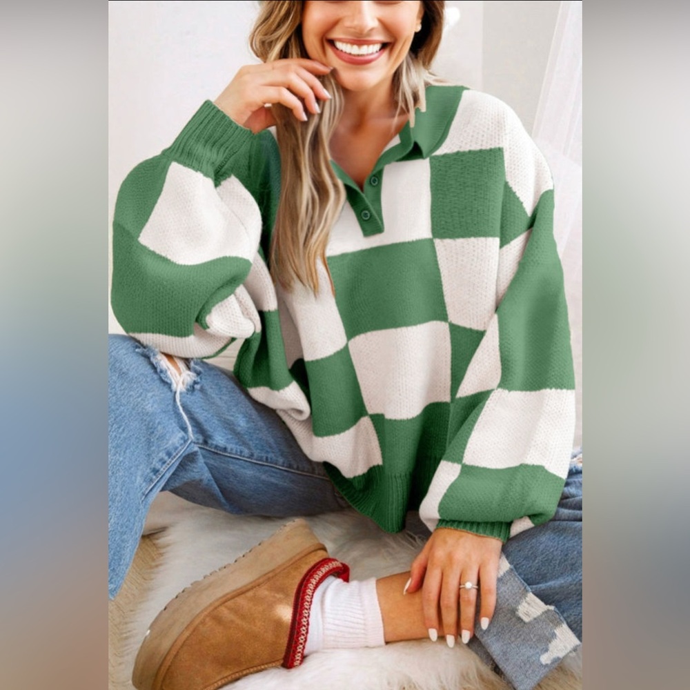 Brylee- Green and White Checkered Sweater - Picture 2 of 2